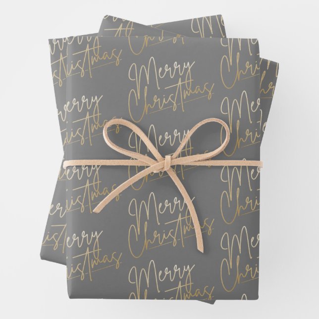 Gold Faux Foil Merry Christmas Grey Wrapping Paper Sheet (In situ)