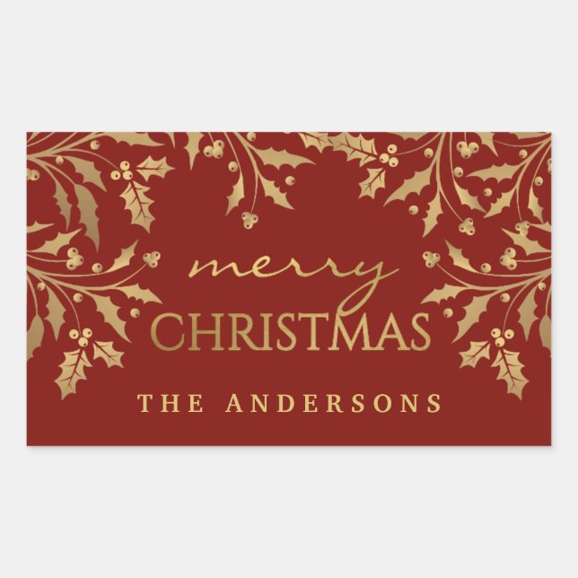 Gold Faux Foil Merry Christmas Holly Branches Rectangular Sticker (Front)