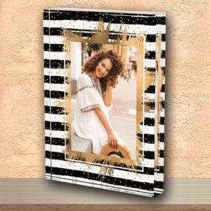 Gold Faux Foil on Black White Stripes Photo Block