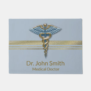 Gold Faux Foil Stripes Light Blue Caduceus Medical Doormat