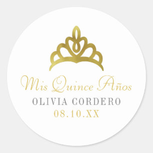 Gold Faux Foil Tiara Quinceañera Classic Round Sticker