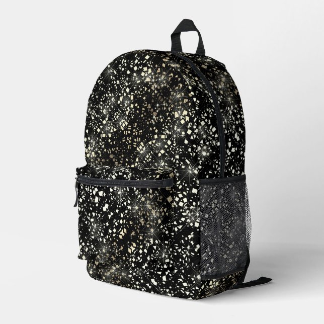 Gold Faux Glass Glitter Sparkle on Black Printed Backpack (Back Corner Right)