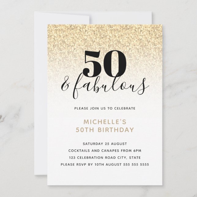 Gold Faux Glitter 50 & Fabulous 50th Birthday  Invitation (Front)