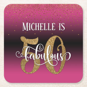 Gold Faux Glitter 50 & Fabulous Pink Ombre Square Paper Coaster