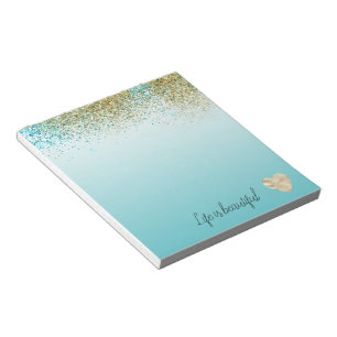 Gold Faux Glitter Aqua Ombre Heart Notepad