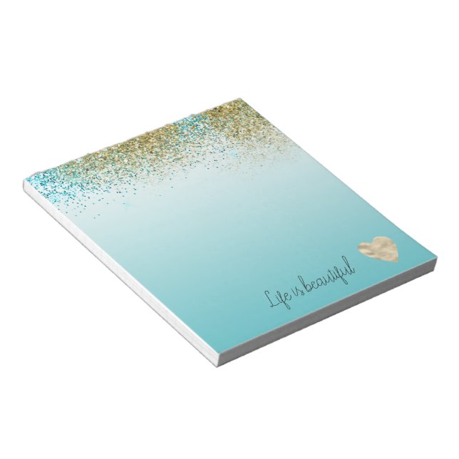 Gold Faux Glitter Aqua Ombre Heart   Notepad (Angled)