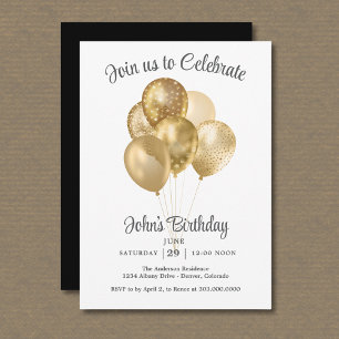 Gold Faux Glitter Balloon Birthday Party Invitation