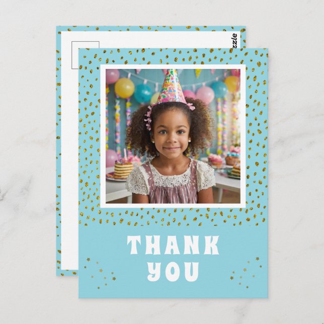 Gold Faux Glitter Birthday Girl Photo Thank you Postcard (Front/Back)