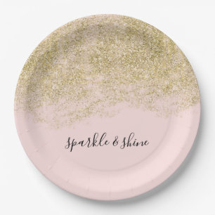 Gold Faux Glitter Blush Pink Sparkle Paper Plate
