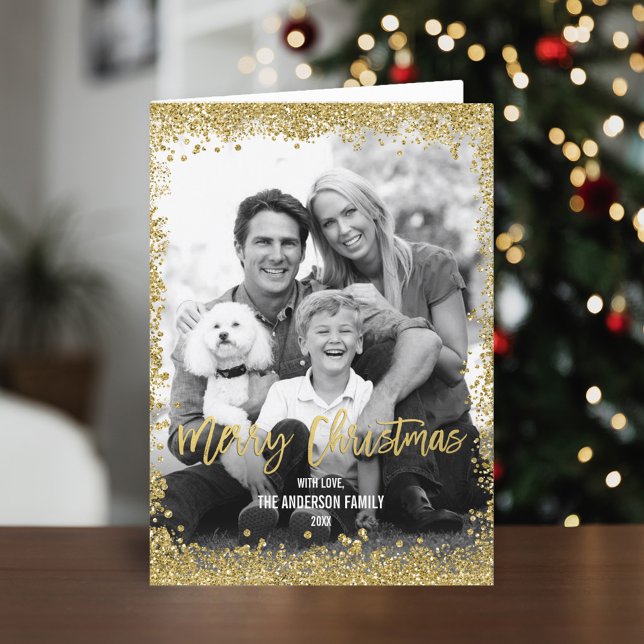 Gold Faux Glitter Border Christmas Photo Folded Holiday Card (Creator Uploaded)
