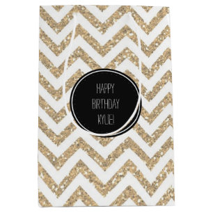 Gold Faux Glitter Chevron Stripes Medium Gift Bag