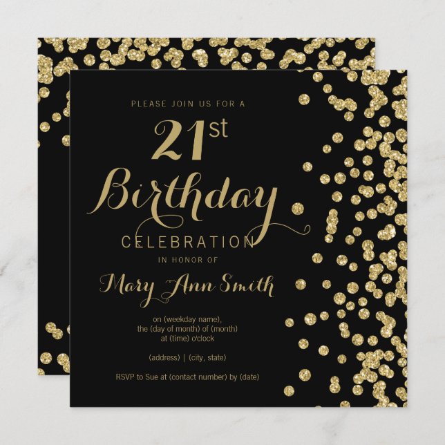 Gold Faux Glitter Confetti Black 21st Birthday Invitation (Front/Back)