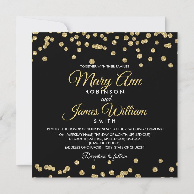 Gold Faux Glitter Confetti Elegant Wedding Black Invitation (Front)