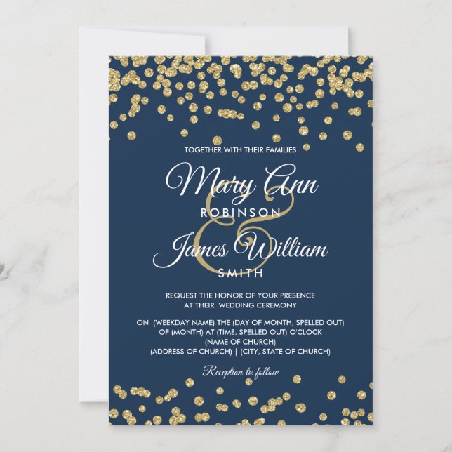 Gold Faux Glitter Confetti Elegant Wedding Navy Invitation (Front)