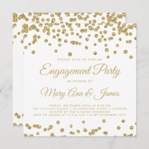 Gold Faux Glitter Confetti Engagement Party White Invitation