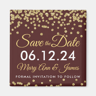 Gold Faux Glitter Confetti Save The Date Marsala Magnet