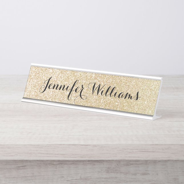 Gold Faux Glitter Custom Name Desk Name Plate (Front)