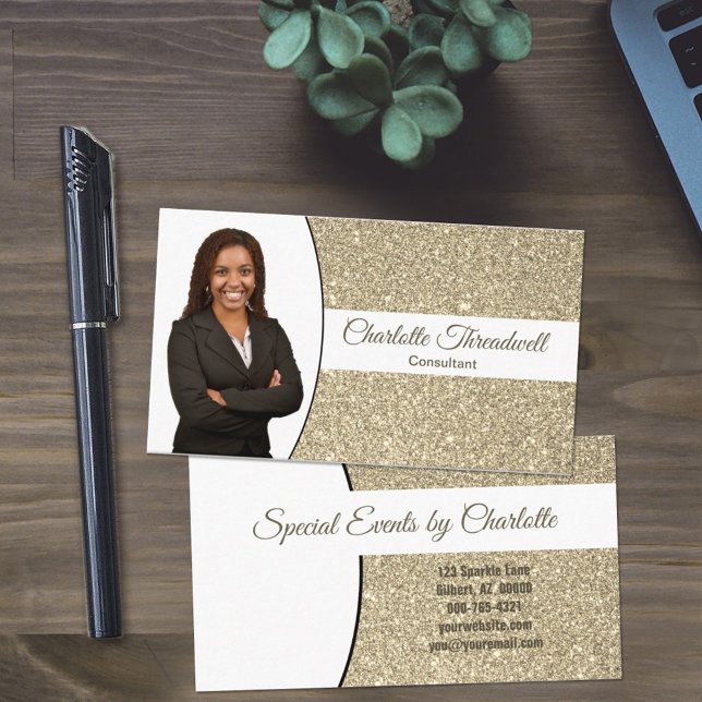 Gold Faux Glitter Custom Professional Head Shot Business Card (Creator Uploaded)