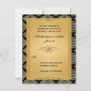 Gold FAUX Glitter, Damask Scroll RSVP Card