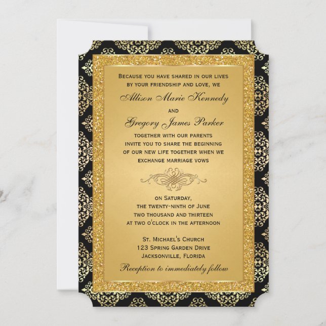 Gold FAUX Glitter, Damask Wedding Invitation (Front)