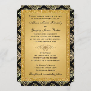 Gold FAUX Glitter, Damask Wedding Invitation
