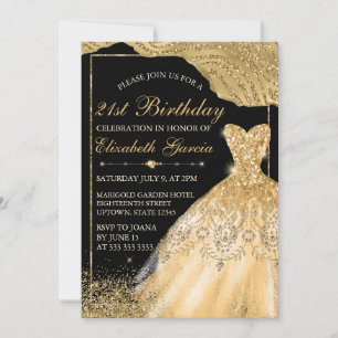 Gold Faux Glitter Dress & Glam Edge 21st Birthday Invitation