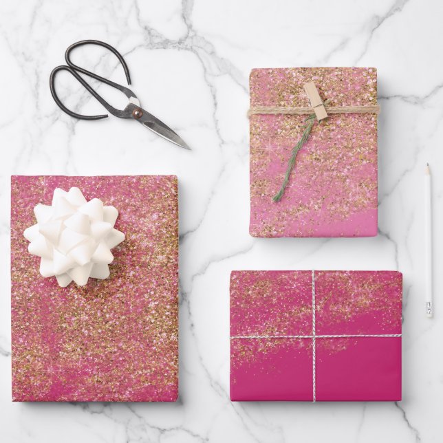Gold Faux Glitter Girly Pink Sparkle Wrapping Paper Sheet (Front)
