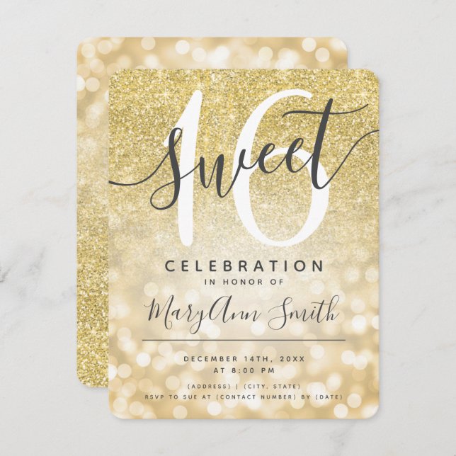 Gold Faux Glitter Glam Lights Sweet 16th  Invitation (Front/Back)