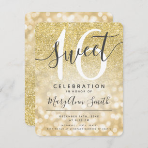 Gold Faux Glitter Glam Lights Sweet 16th  Invitation
