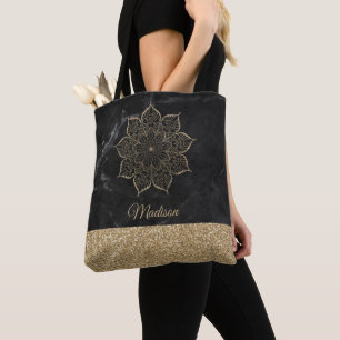 Gold Faux Glitter Mandala on Black Marble Tote Bag