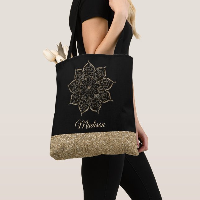 Gold Faux Glitter Mandala on Editable Black Tote Bag (Close Up)