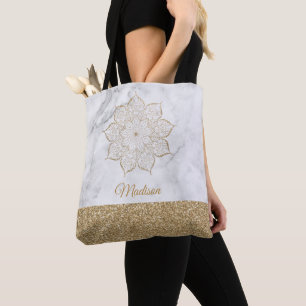 Gold Faux Glitter Mandala on Grey and White Marble Tote Bag