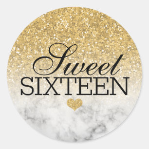 Gold Faux Glitter/Marble Sweet 16 Classic Round Sticker