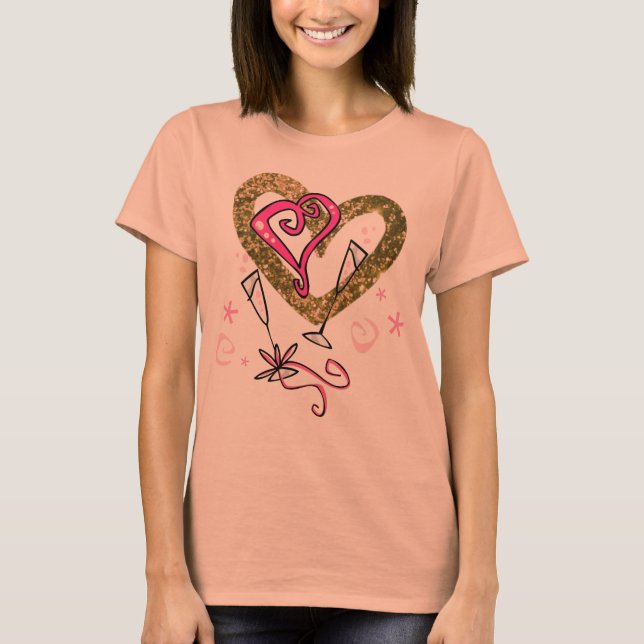 Gold Faux Glitter & Pink Hearts Champagne Glasses T-Shirt (Front)