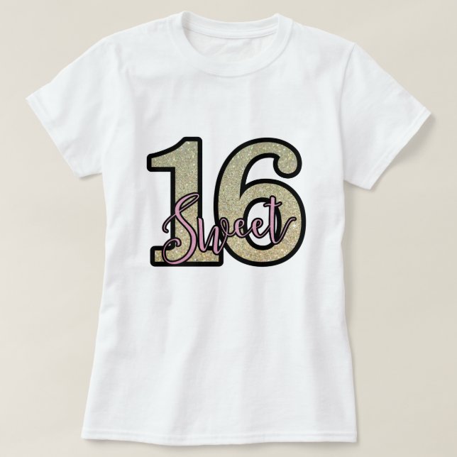 Gold Faux Glitter Print Sweet Sixteen 16 Birthday T-Shirt (Design Front)