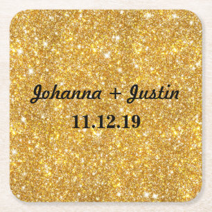 Gold Faux Glitter Shining Pattern Bling Wedding Square Paper Coaster