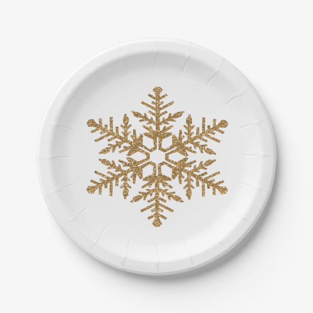 Gold Faux Glitter Snowflake Paper Plate (Front)