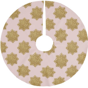 Gold Faux Glitter Snowflake Pattern Pink Brushed Polyester Tree Skirt