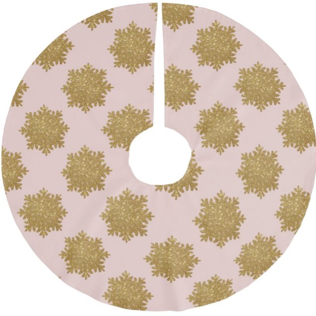 Gold Faux Glitter Snowflake Pattern Pink Brushed Polyester Tree Skirt (Creator Uploaded)