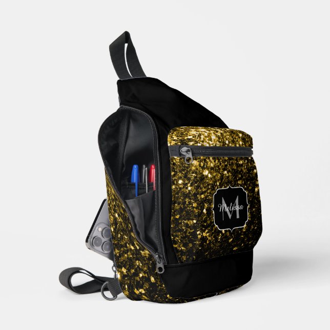Gold faux glitter sparkles Black Monogram Sling Bag (Open)