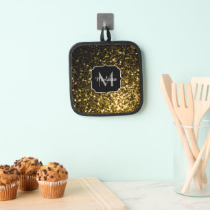 Gold faux glitter sparkles Monogram Pot Holder