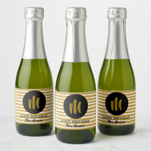 Gold Faux Glitter Stripes Monogrammed Mini Sparkling Wine Label