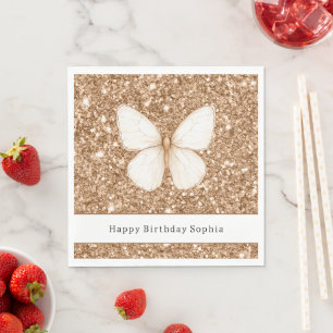 Gold Faux Glitter White Butterfly Birthday Napkin
