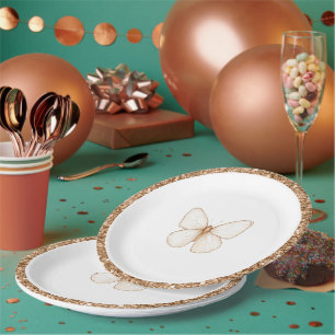 Gold Faux Glitter White Butterfly Birthday Paper Plate
