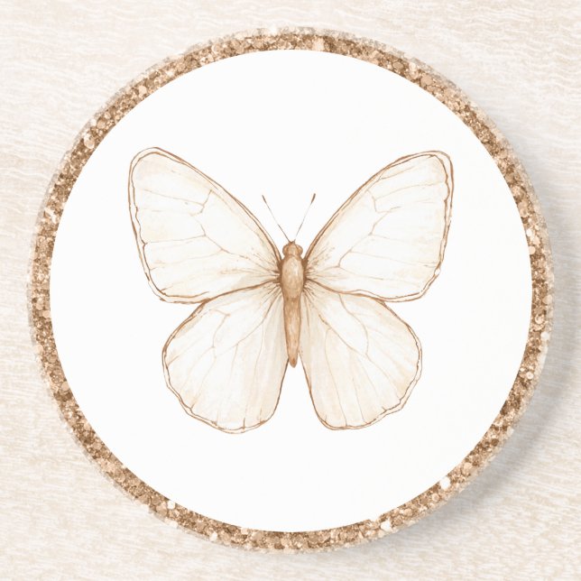 Gold Faux Glitter White Butterfly   Coaster (Front)