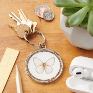 Gold Faux Glitter White Butterfly Key Ring