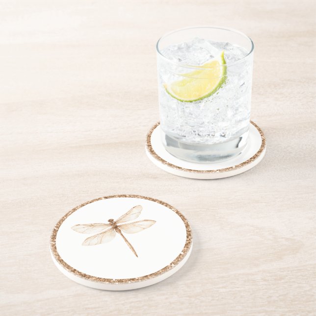 Gold Faux Glitter White Dragonfly   Coaster (Side)