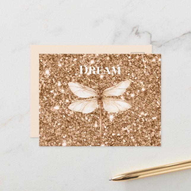 Gold Faux Glitter White Dragonfly Postcard (Front/Back In Situ)