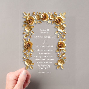 Gold Faux Relief Roses Frame Wedding Transparent Acrylic Invitations