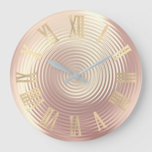 Gold Faux Rose Pink Minimal Metallic Roman Numers Large Clock